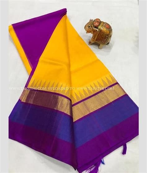 Purple And Mango Yellow Color Mangalagiri Pattu Handloom Saree With