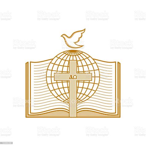 Church Logo Christian Symbols Open Bible Cross And Globe Stock