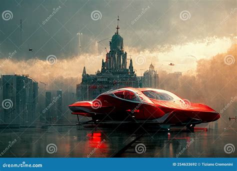 Red Flying Car In The Futuristic City On Alien Planet 3d Rendering And