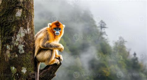 Golden snub-nosed monkey in misty forest habitat, showcasing endangered