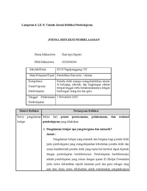 Contoh Laporan Refleksi Pembelajaran 7