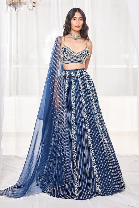 Buy Blue Silk Embroidered Cutdana V Neck Sequins Bridal Lehenga Set For