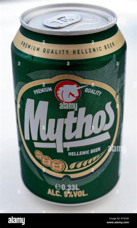 Can of Mythos, Greek Beer Stock Photo - Alamy