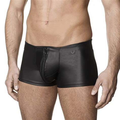 Men Lingerie Patent Leather Boxer Shorts Underwear Underpants With O