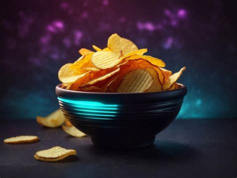 Premium AI Image Crispy Potato Chips In A Bowl Neon Dark In The