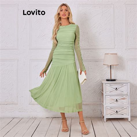 Lovito Vestido Casual De Malha Lisa Franzido E Contraste Para