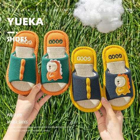 Mga Pambata Na Linen Na Tsinelas Panloob Na Non Slip Dinosaur Na