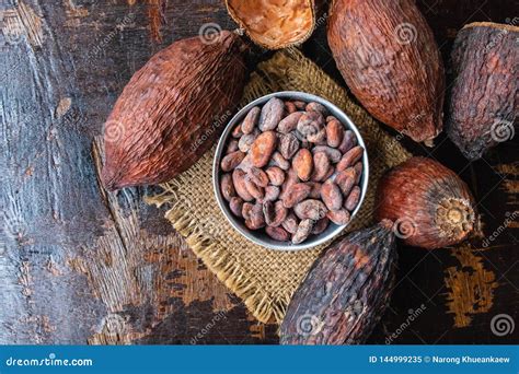 Dried Cocoa Fruit And Cocoa Beans In A Bowl On The Table Stock Image