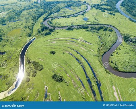 Aerial Landscape Of Winding River In Green Fields Stock Image Image