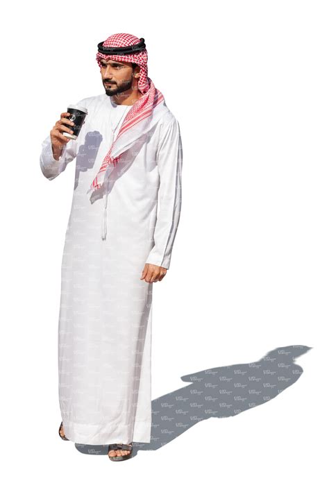 cut ot arab man in traditional emirati clothes standing and drinking ...