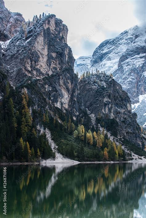 Autumn to Winter transmission at Lago di Braies, Italy Stock Photo ...