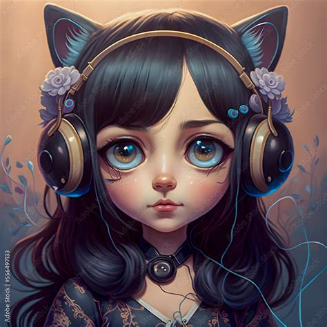 Cute Kawaii Anime Brunette Girl Wearing Headphones With Cat Ears