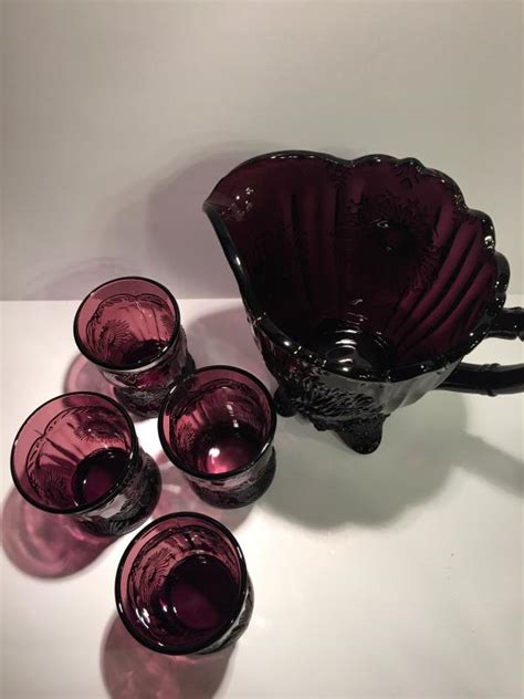 Vintage Depression Purple Glass Pitcher And 4 Glasses”