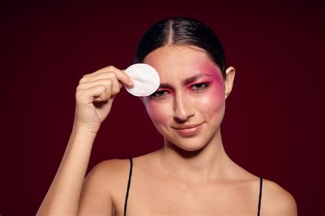 Premium Photo Sexy Brunette Woman Pink Face Makeup Posing Attractive Look Skin Care Cropped