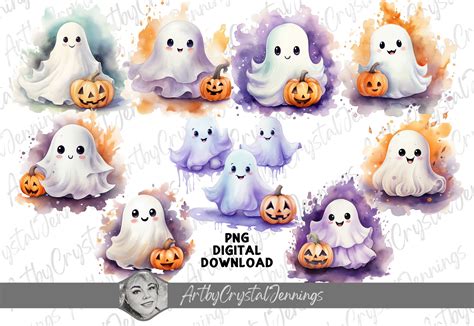 Cute Halloween Watercolor Ghost PNG Graphic By ArtbyCrystalJennings