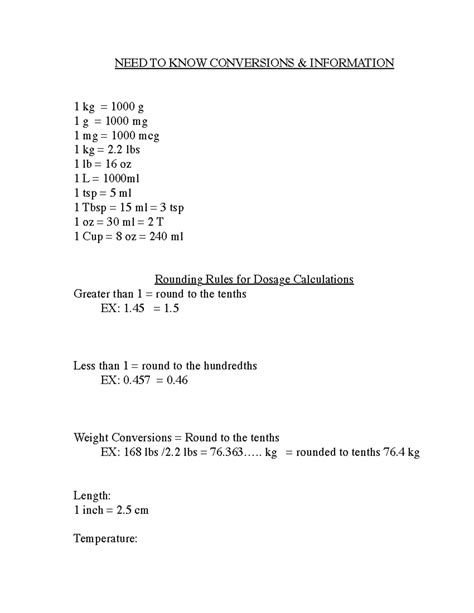 NEED TO KNOW Conversions NUR 307 NEED TO KNOW CONVERSIONS