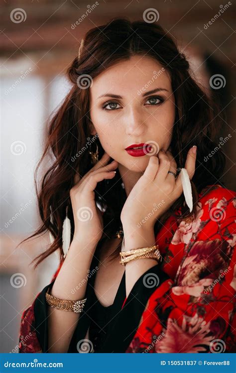 Portrait Of Beautiful Brunette Girl In Boho Style Stock Image Image Of Clothes Beautiful