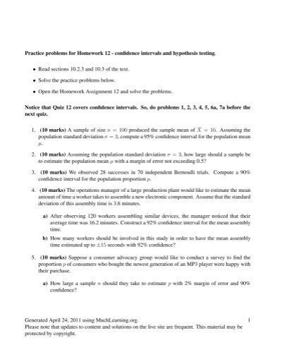 Practice Problems For Homework 12 Confidence Intervals And