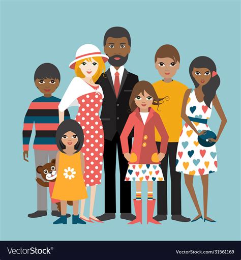 Mixed race family with 5 children cartoon Vector Image