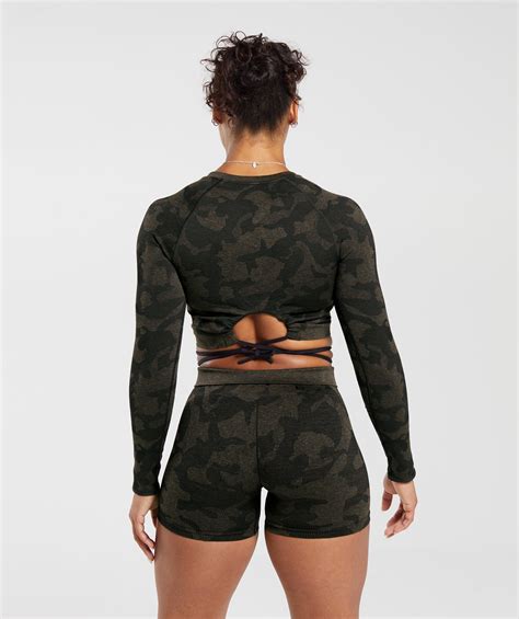 Gymshark Adapt Camo Seamless Ribbed Long Sleeve Crop Top Black Camo Brown Gymshark