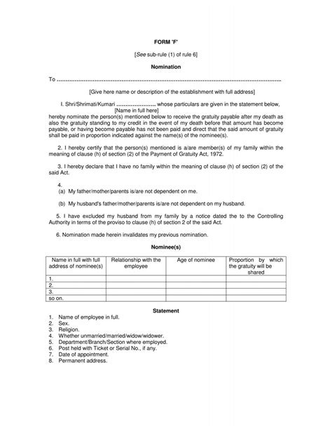 FORM F See Sub Rule 1 Of Rule 6 Nomination To