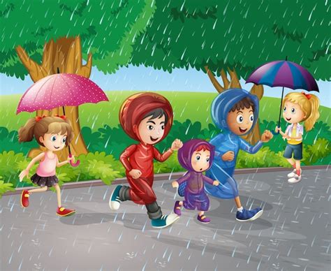 Premium Vector Children Running In The Rain