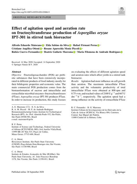 Pdf Effect Of Agitation Speed And Aeration Rate On