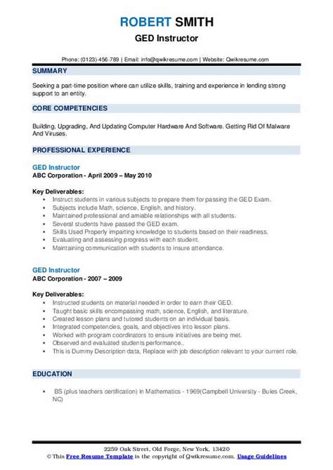 Ged Instructor Resume Samples Qwikresume