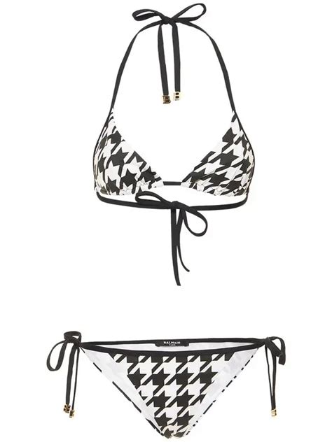 Buy Balmain Houndstooth Print Triangle Bikini White Black At 50 Off