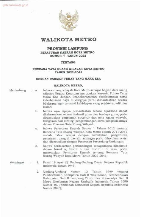 Peraturan Daerah Kota Metro No Tahun Tentang Rencana Tata Ruang