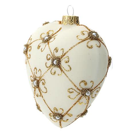 Heart Shaped Christmas Bauble In Blown Glass With Ivory And Gold