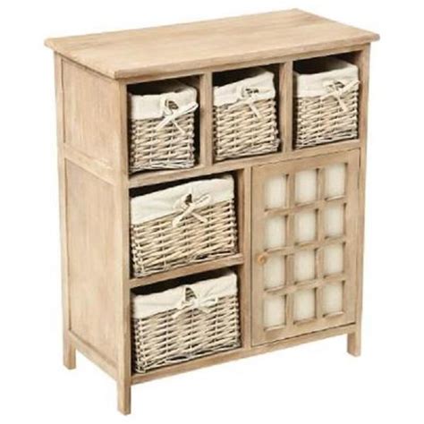 Meuble En Bois Beige Avec 5 Paniers En Osier 1 Porte Cdiscount Maison