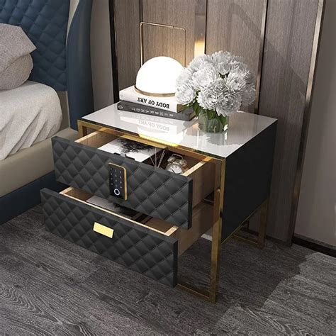 Black 2 Drawers Bedroom Nightstand With Electronic Lock Stainless Steel Base Homary