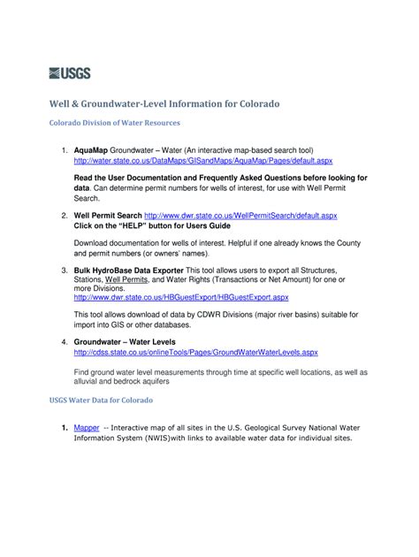 Fillable Online Well & Groundwater-Level Information for Colorado Fax ... 