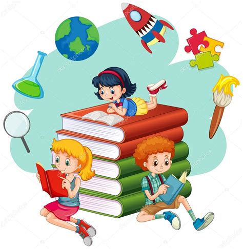 Three kids reading books — Stock Vector © interactimages #122560908