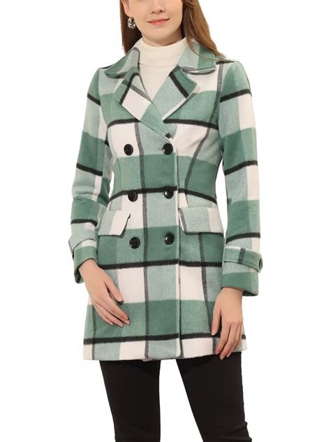 Unique Bargains Womens Plaids Double Breasted Notched Lapel Trench