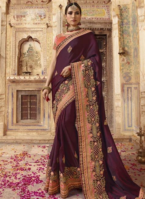 Buy Wine Color Barfi Silk Indian Wedding Saree In Uk Usa And Canada