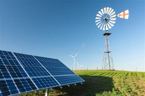 Solar Panels Beside A Windmill On A Farm With Clear Blue Skies Stock