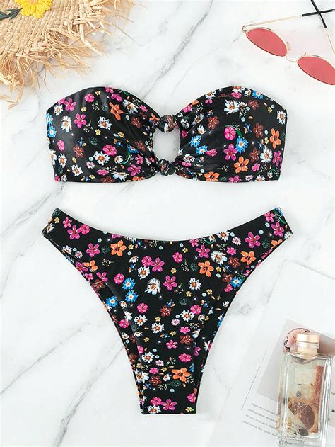 Floral Print Ring Linked Bandeau Bikini Swimsuit Shein Usa