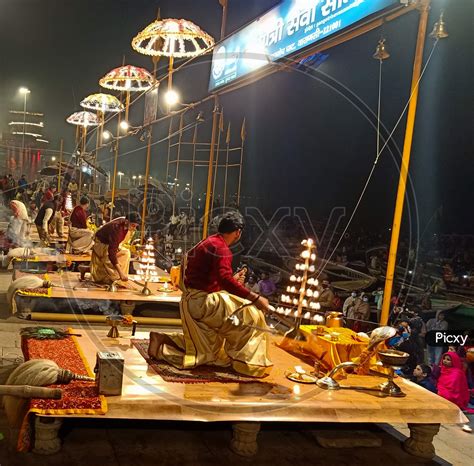 Image Of Banaras Ganga Arti Rituals At Ganga Ghat Performed By Hindu