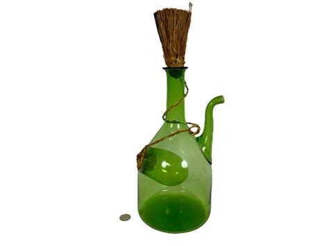 Vintage Italian Green Glass Wine Decanter Carafe With Ice Chamber