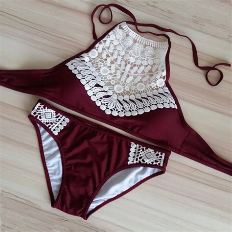 Sexy Halter Neck Lady Bikini Suit Hollow Out Lace Women Swimwear Ethnic