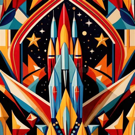 Rocket Spaceships Flying In Space Retro Futuristic Illustration In Art