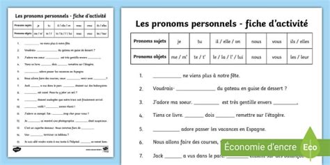 Les Pronoms Personnels Fiche D Activit Lehrer Gemacht