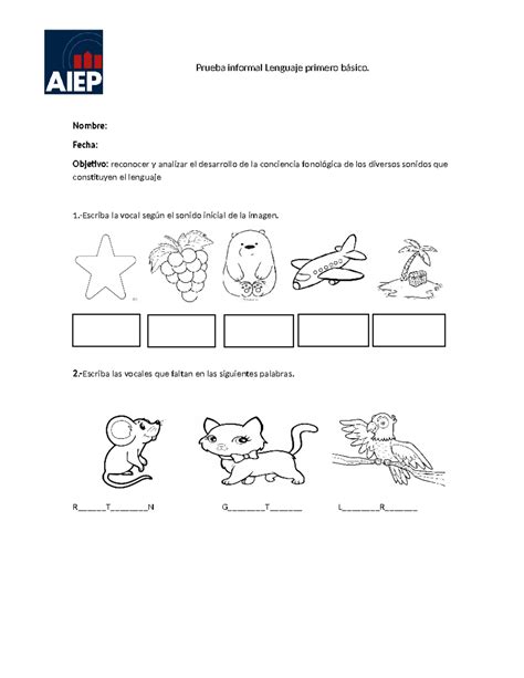 Prueba Informal Lenguaje Primero B Sico Practica Inicial Nombre