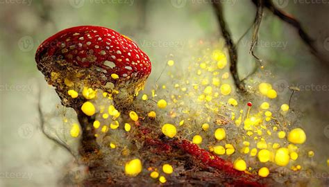 Exceptional Amanita Muscaria Glowing Red Top Mushroom Releasing Spores