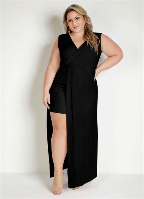 Vestido Longo Preto Plus Size Transpasse Foxxstore