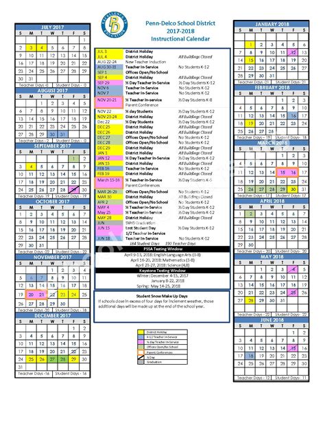 2017 - 2018 District Calendar | Penn-Delco School District – Aston, PA