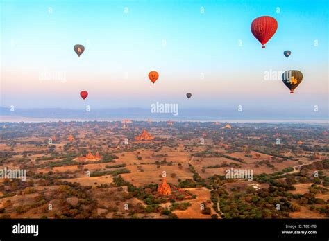 View from a hot air balloon in Bagan in the early morning (Myanmar ...