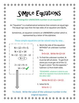 Simple Equations Solving The Unknown Number In An Equation Tpt